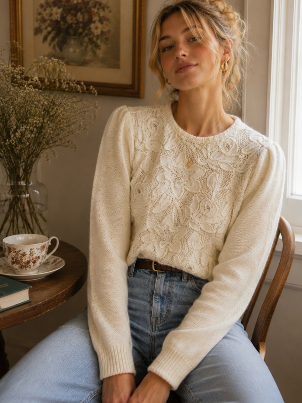 Vintage 90s Sweater Floral Lace Petite XS Ivory Pearl Applique Embroidered Koret